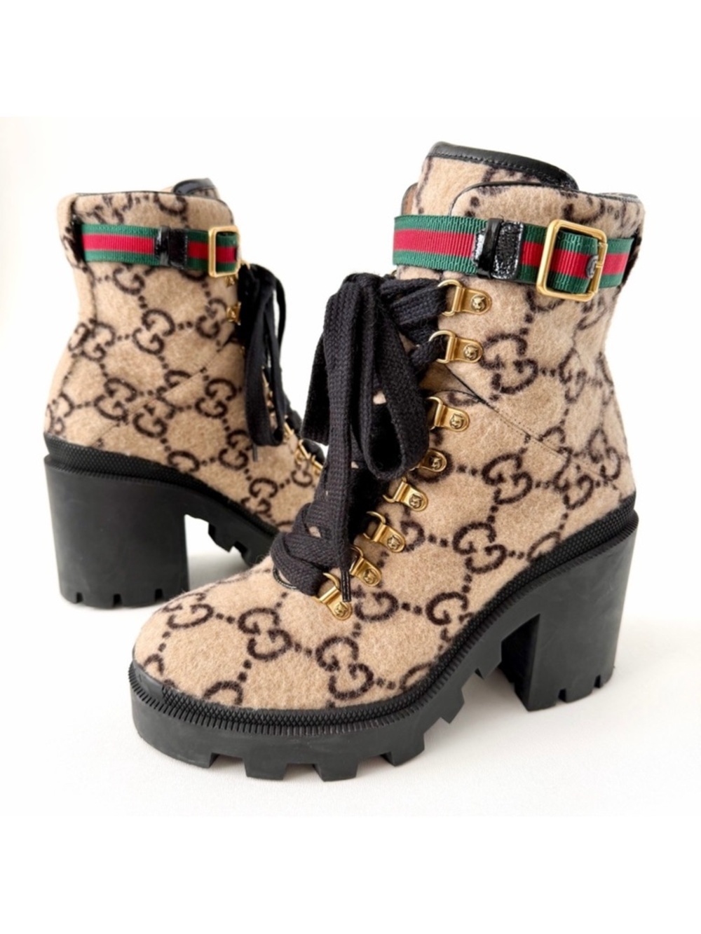 GUCCI | GG Wool Lug Sole‎ Combat Boots Web Strap Ankle EU 38